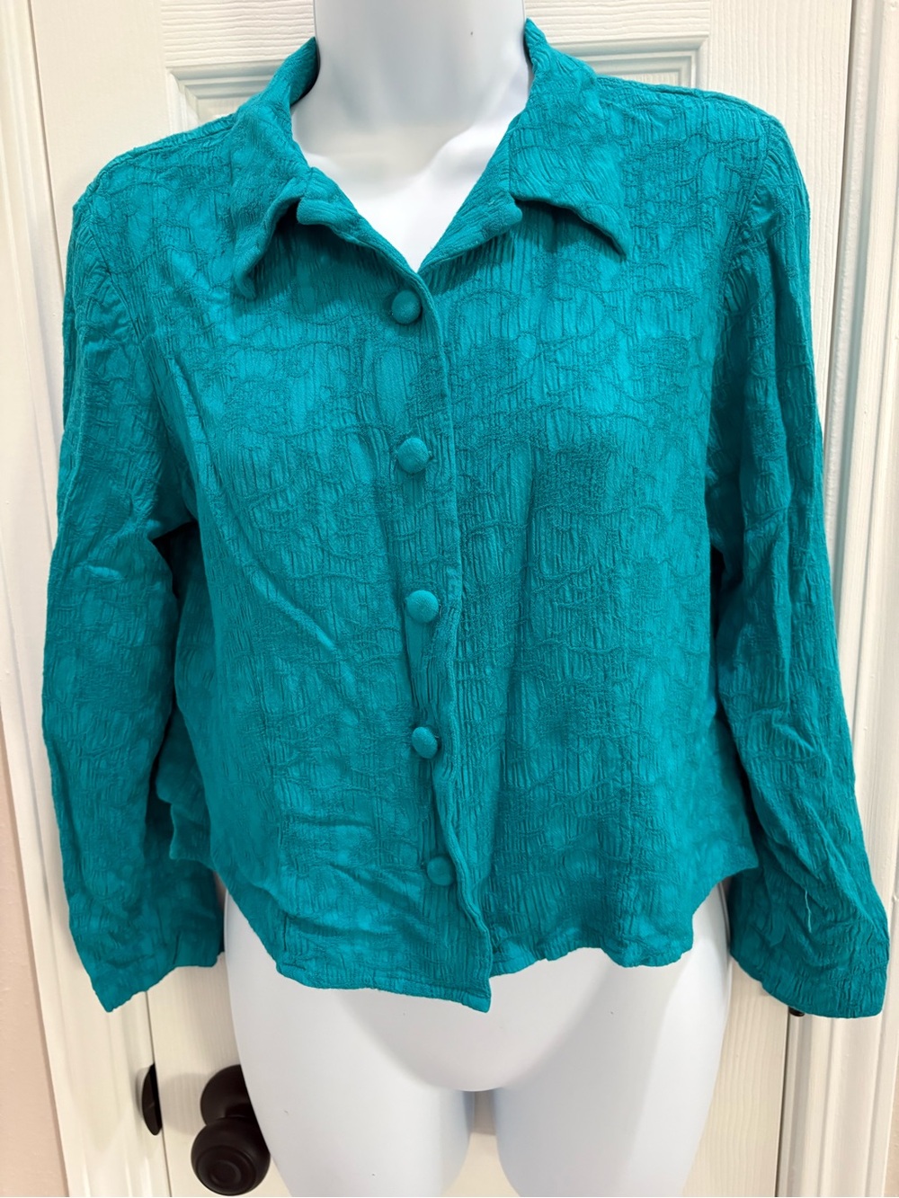 karin stevens Teal Textured Button-Front top